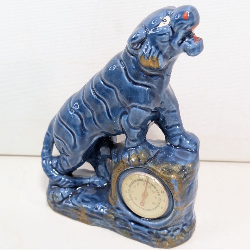 Vintage MCM Blue Panther Thermometer Ceramic Redware Japan Repaired